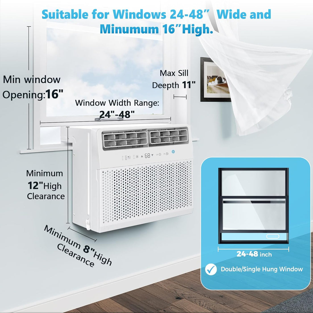 Quiet Window Air Conditioner 6000/10,000/1,2000 BTU, Window AC Unit Cooling Room 450sq.ft