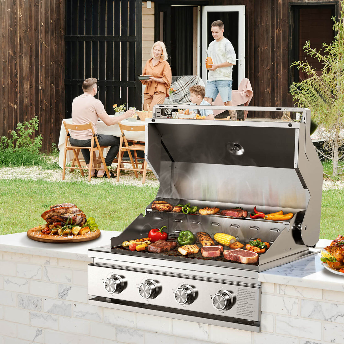 Cowsar 28" Built-In Propane Gas Grill, 4-Burner, 32,000 BTU, 516 sq.in, Heavy-Duty 304 Stainless Steel